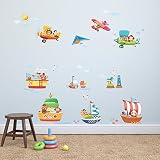 Decowall DAT-1506 Tier Schiffe & 3 Doppeldecker Flugzeuge Wandsticker Wandaufkleber Wandtattoo Kinderzimmer - 3