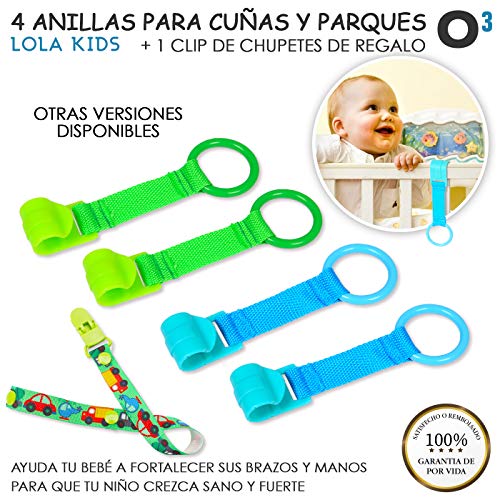 O³ Anillas Para Cunas Y Parques 4 Unidades + 1 Cadena Chupetes Lola Kids  3 Versiones  Agarraderas Para Parques Bebes  Ayuda a Bebe a Ponerse de Pie Fácilmente  Mejora Motricidad  Niño