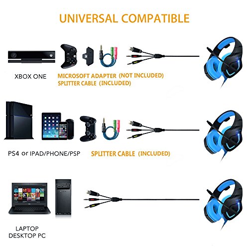 Gaming Headset para PC  MillSO PS4 Gaming Auriculares sobre la diadema para la oreja para Xbox One con micr  fono de cancelaci  n de ruido est  reo LED de luz 3 5 mm Audio Splitter Cable - Azul