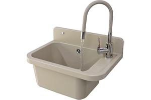 Granitan Lavabo universel, pour garage, cave, atelier et buanderie, avec siphon, montage mural, 50 x 34 x 31 cm, beige + robinet de lavabo FLEX