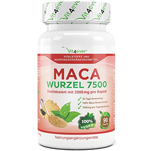 Preisvergleich Produktbild Maca Wurzel 7500, 90 Kapseln, 2500 mg aus Maca 10:1 Wurzel Extrakt - Laborgeprüft - Hochdosiert - Für Aktive Männer - Vegan - Vi4ever