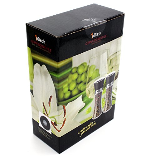 Pfeffermühle Salzmühle Gewürzmühle SET (2 STück) unbefüllt mit Keramik Mahlwerk – Echtglas Behälter (kein Acrylglas) – 200ml – Höhe 19cm – schwarz - 3