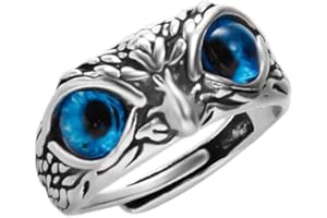 Gionatan Shop Anello Regolabile a forma di gufo con occhi azzurri blu per donna uomo ragazza ragazzi moda Vintage Punk gotico uccello anelli colore argento antico per feste e regali