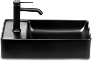 STILFORM Gäste WC Keramik Waschbecken für Wandmontage oder Aufsatzwaschbecken mit Hahnloch in 46 x 25 cm in Brillant Weiß oder Schwarz matt