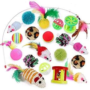 Qpets Cat Toys Kitten Toys Cat Toy for Indoor Cats Cat Feathers Wand Cat Interactive Toys Set with Mouse Mice Balls and Bells Toys for Cats Kitty Kitten (20 Pcs) (Red)