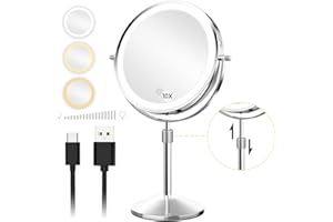 TEHEO Vanity Mirror with Lights 8 Inch | 3 Color Lights | Height-Adjustable | Stepless Dimming | 1X/10X Double Sided HD Mirror | 360° Swivel | Rechargeable Type-C | Silver