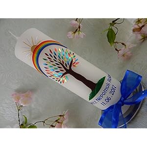 Taufkerze handgearbeitete Wachsverzierung Lebensbaum regenbogenfarben bunt Taufkerzen Junge Mädchen 250/70 mm inkl. Beschriftung