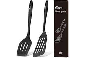 Hotec Pfannenwender-Set aus lebensmittelechtem Silikon, mit Schlitzen, Küchenutensilien zum Backen, Kochen, hitzebeständig, antihaftbeschichtet, starker Edelstahl Kern,Schwarz, 2 Stück