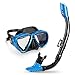 Produktbild INTEY Schnorchelset Schnorchelmaske mit Anti-Fog Taucherbrille und Dry Schnorchel inkl. Ausblasventil und Anti-Fog Tachermaske aus Gehärtetem Glas für Erwachsene und Kinder, Blau/Schwarz