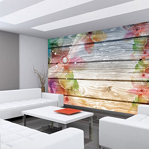 Vlies Fototapete 312x219cm PREMIUM PLUS Wand Foto Tapete Wand Bild Vliestapete – Holz Tapete Holzoptik Blumen Blüten Punkte bunt – no. 2296 - 6