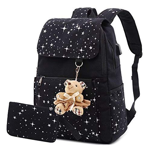 AM SeaBlue Girls School Sac à dos Canvas Sacs à dos Daypack Étudiants School Bookbag Sacs pour Adolescent Fille Femmes (01-Noir)
