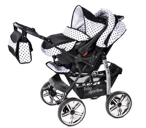 Baby Sportive Kamil, Kombikinderwagen set – incl. Kinderwagen mit Zubehör, Babyschale und Sportwagen Aufsatz. System mit RÄDER NICHT SCHWENKBAR. Reisesystem Farbe: Schwarz und Schwarze Punktmuster - 6