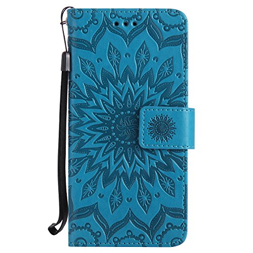 Lonchee Nokia Lumia 635 Leder Wallet Tasche Brieftasche Schutzhülle , Sonnenblumen geprägten Muster Design Hochwertige PU Leder Folio Tasche Case Hülle im Bookstyle mit Standfunktion Kredit Kartenfächer (blau)