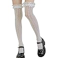 PALAY® Lolita Lace Socks for Girls Teens Fishnet Over Knee High Socks Hollow Out Stockings Long Loose Sock for Mary Jane Shoes, Lolita Dress, Uniforms (White, Black, 1 or 2 Pairs)