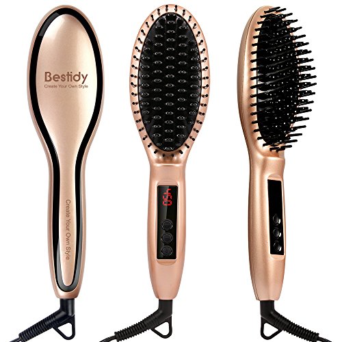 Bestidy Hair Straightener Brush,Ceramic Heating Straightening Irons Anti Scald,LCD Display- For Silky Hair (Golden)