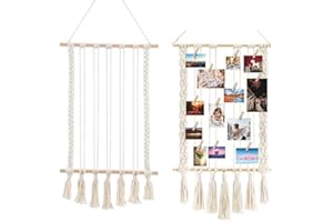 BAOFUYA Espositore per Foto Appese Macrame, Set di Collage di Cornici Porta Carte con Clip in Legno per Camera da Letto Dormitorio