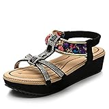 Laufsohle Material: EVA YOPAIYA Bohemian Sandalen Damen Sommer Flach,Schwarz Handgefertigte Böhmen - Wie Kristalle Streifen Frauen Eingewickelt Keil Sandale Schuhe Ft. Komfort Statching Lammfell-Fu- Bett, 39