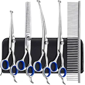 Gimars 4CR Stainless Steel Dog Grooming Scissors Kit with Safety Round Tip, Heavy Duty Titanium Coated Pet Grooming Trimmer Kit - Thinning, Straight, Curved Shears Comb for Long Short Hair for Cat Pet