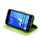 FESELE Glitzer Blume Schutzhülle für [Samsung Galaxy J1 2016] Schmetterling Katze Prägung Kristall Glitzer Diamant Strass Brieftasche Hülle Leder Tasche Flip Handyhülle mit Magnetverschluss, Samsung Galaxy J1 2016 Luxus Bling Wallet Case Kartenfach Ledertasche Leder-Mappen-Karten-Slot-Abdeckung mit Standfunktion für Samsung Galaxy J1 2016 + Blau Eingabestift Stylus Touch Pen-Mädchen Katze,Grün - 5