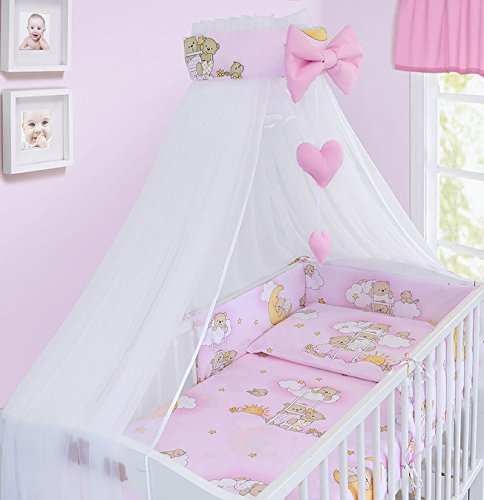 LUXURY 10Pcs BABY BEDDING SET COT PILLOW DUVET COVER BUMPER CANOPY to Fit Cot Size 120x60cm 100% COTTON (Ladder Pink)