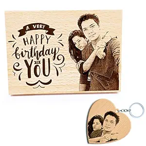 GFTBX Combo Personalised Engraved Wooden Photo Plaque and Heart Shaped Wood Keychain | for Birthday (Beige, 13x9.5cm, 5 cms)