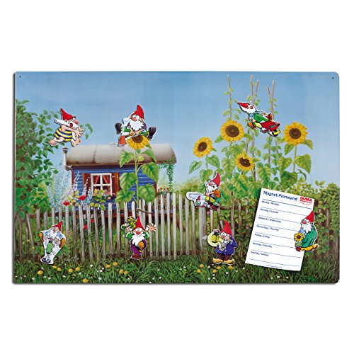 Magnettafel Bauwagen – Beschauliche Design Metall Magnetpinnwand 60x40 cm – Memoboard Pinnwand mit Motiv: Blume & Natur Gartenlaube – inkl. 8 Magnete Garten Zwerge für Magnetwand - Original GUMA Magneticum®