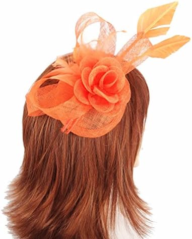 Bright Orange Sinamay Flower &amp; Bow Hair Fascinator with 2 Arrow Head Feathers on Tear Drop Base - Formal, Wedding, Bridal, Special Occasion
