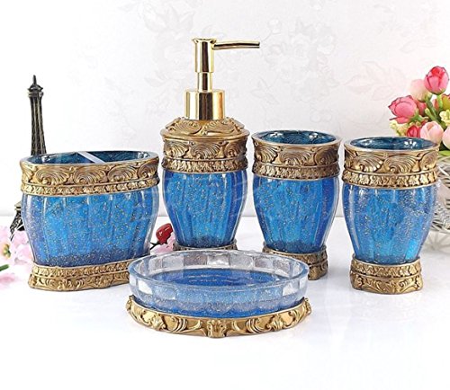 HONGS kontinental Luxus 5tlg BAD-WC Garnitur Badezimmer Set Bürste Becher Seifenspender Badgarnitur ,Blau