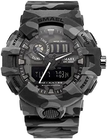 Oversize Dual Time Mens Military Watch Grey Camo Rubber Watches for Men Waterproof