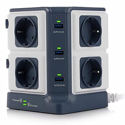 BESTEK Tour Multiprise Parasurtenseur Parafoudre avec 8 Prises de Recharge et 6 Ports USB (5V 2,4A), Interrupteur d'Alimentation Adaptateur Douille, 1500J Protection contre Surtensions