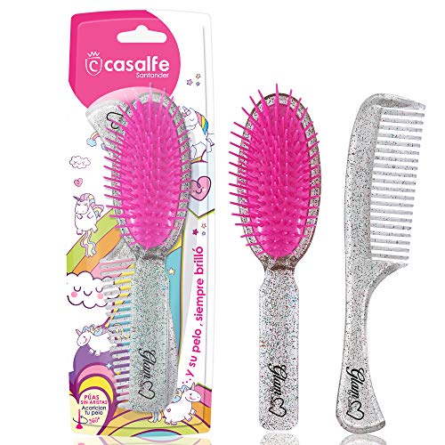Cepillo detangler + peine Casalfe Unicornios y brilli brilli purpurina