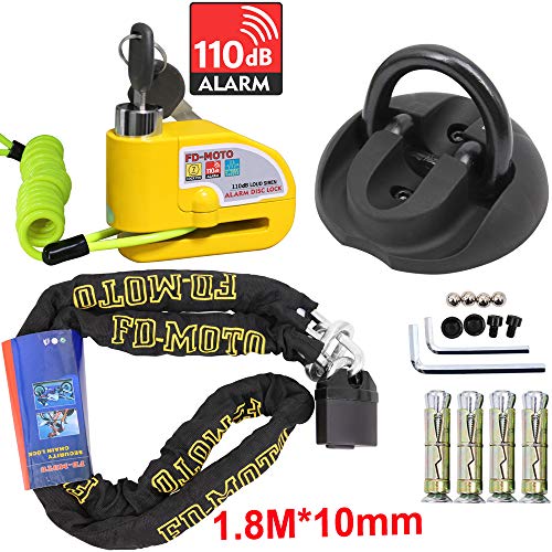 FD-MOTO 1,8M*10mm 3,9KG Antifurto Chiusura a Catena Blocco per Moto + Ancoraggio a Catena per Muro a Terra + 110dB Blocco Disco Allarme