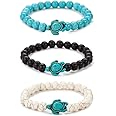 Liitata 3 Pcs Turtle Bracelets Nature Stone Beads Bracelets Turquoise Elastic Bracelet for Women and Men - Black White Green