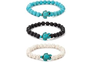Liitata 3 Stück Schildkröte Armband Naturstein Armband Yoga Perlen Armbänder Elastisches Seil Bracelets für Damen und Herren Schwarz Weiß Grün
