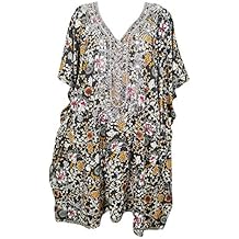 Mogul Interior Women Short Kimono Caftan Silver Sequin Work Floral Black Beach Cover Up Kaftan One Size