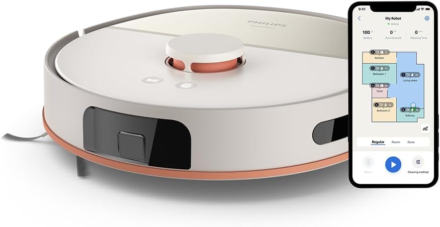Philips HomeRun 5000 Serisi Robot Elektrikli Süpürge, Çift Döner Mop, Süpürme ve Paspas, 10.000Pa Emiş Gücü, Lazer Çizgi Navigasyon, HomeRun Uygulaması, İpek Beji (XU5000/20)