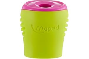 Maped - Material Escolar - Sacapuntas Boogy - Diseño con Depósito - Tienen 1 Orificio para Afilar - Tamaño Compacto para el Estuche - 3 Diseños Diferentes