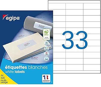 Agipa Apli 119007 - 3300 Etiquettes adhésives blanches A4 MU - 70 x 25 mm - Impression : laser, copieur, jet d'encre - Fabriqué en France