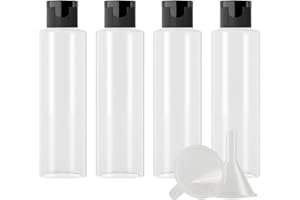 ZEOABSY 4 Pièces 150 ML Transparent Bouteille en Plastique avec Bouchon à Charnière Noir, Épaule Plate Vider Bouteille Ronde en PET de Voyage pour Cosmétiques Liquides