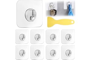 CAEEKER Self Adhesive Hooks, 25 PCS Invisible Stick on Hooks Heavy Duty Wall Hooks Hangers Clear Sticky Back Plastic Hooks Bathroom Kitchen Sticky Hooks for Hanging Towels Spoon Keys (with Scraper)