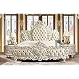 NAAZ HANDICRAFT Queen Size Teak Wood Bed with 2 Matching Side Tables – Hand-Carved Design, Luxurious Upholstered Cushioning in White.