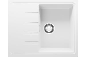 PRIMAGRAN Fregadero Cocina Blanco 62x50cm, Granito 1 Seno + Sifón, Sobre encimera al mueble 40cm - Milano S050
