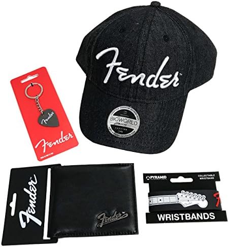 Official Fender - Gift Set 2 - including Baseball Cap, Plectrum Keyring, Leather Wallet and Rubber Wristband