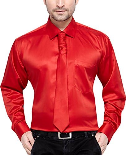 VALERIO Men's Regular Fit Classic Long Sleeve Casual Satin Shirt With FREE Satin Tie XXXL