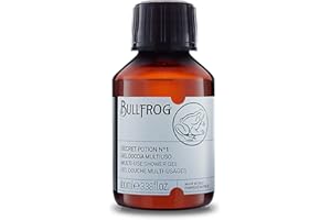 Bullfrog - Gel Douche Multi-Usage Secret Potion N.1: Nettoyant Corps, Visage et Cheveux, 92,3% Naturel, Parfum Boisé, Ambré et Aromatique, Fabriqué en Italie, 100 ml
