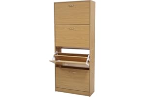 BAKAJI Scarpiera Portascarpe in Legno MDF con 4 Ante Porta Scarpe a Ribalta Maniglie in Metallo Doppia Profondità Dimensioni Compatte Slim 63 x 24 x 150 cm Salvaspazio Ingresso Casa (Quercia)