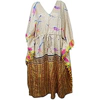 Womens Beige Caftan Dress Printed Kimono Silk Sari Maxi Kaftan One Size