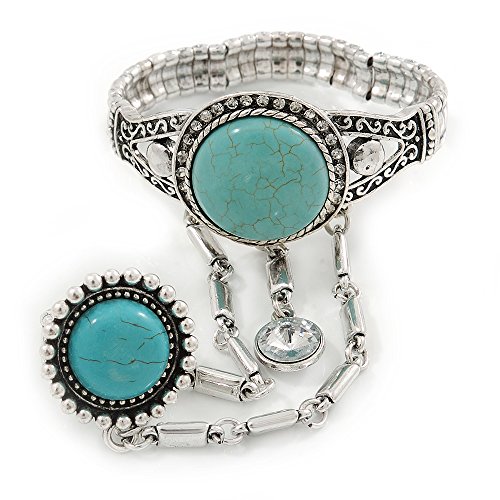 Piedra turquesa redonda de inspiración Vintage con anillo de Aquiles 