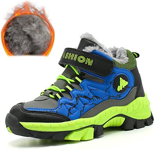 Xinglan Kids Waterproof Climbing Hiking Shoes Boys and Girls Winter Outdoor Running Sneaker Fur Lined Snow Boots Velcro Sports Shoes Green 36