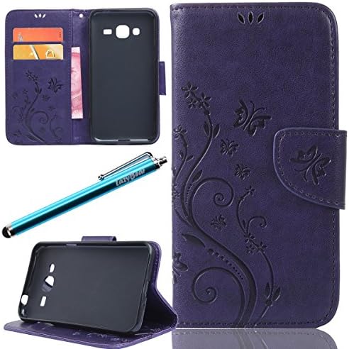 LazyBear 2 in 1 Cellphone Case for Samsung Galaxy J3 2016 (Purple) PU Leather Wallet　Folio Flower Print Stand Function Phone Case Smartphone Soft Inner Shell with Magnetic Closure and Card Slot Holder Cover Mobile Phone Protective Skin Case x 1 &amp; Stylus Pen x 1